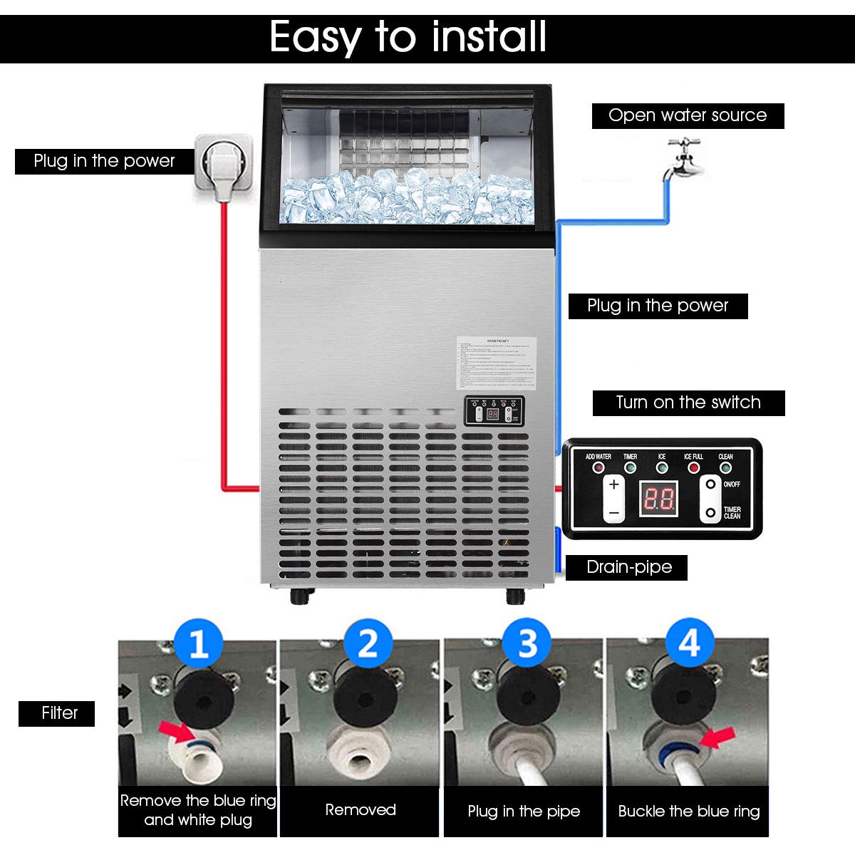 Costzon Commercial Ice Maker, Built-in Stainless Steel Ice Maker, 110LBS/24H, 33LBS Storage Capacity