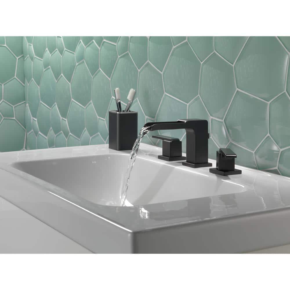 Delta Ara 8 in Widespread 2Handle Bathroom Faucet with Channel Spout and Metal PopUp in Matte Black