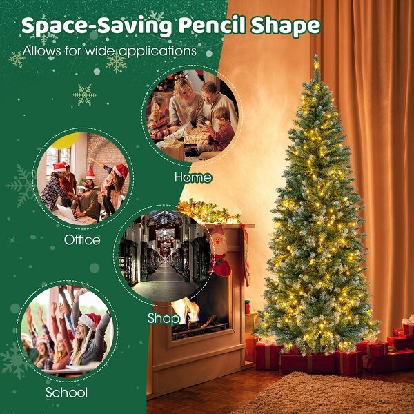 Costway 5FT/6FT/7FT/9FT PreLit Christmas Tree Hinged Slim Pencil Xmas