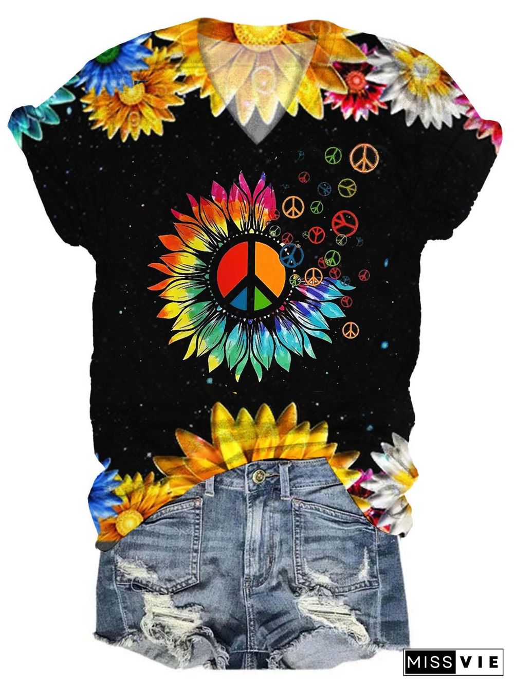 Women's V Neck Sunflower Hippie Print T-Shirt