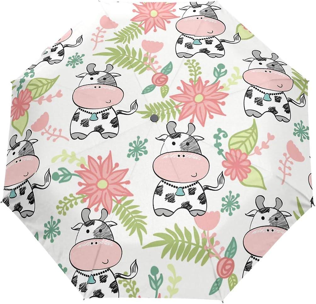 Travel Umbrella Automatic Windproof Foldable Umbrella Cows Flowers Leaves