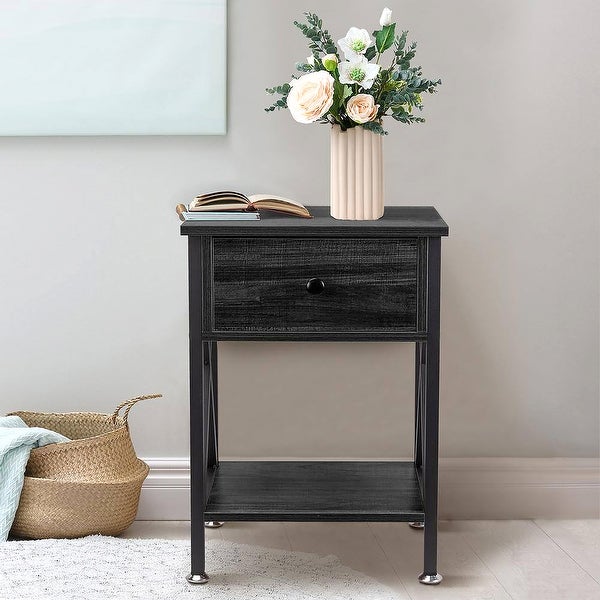 Nightstand with Drawer and Open Storage Shelves with X Shape Frame