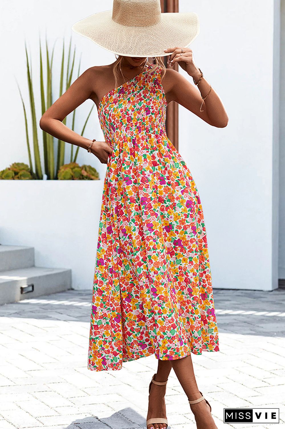 One SHoulder Flower Print Long Dress