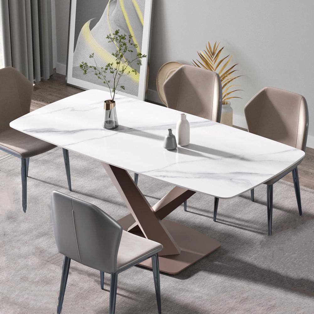 Magic Home 70.87 in. Gray Round Edge Sintered Stone Top Rectangle Dining Table with Cross Purple Metal Leg (Seats 6) CS-W247S00084