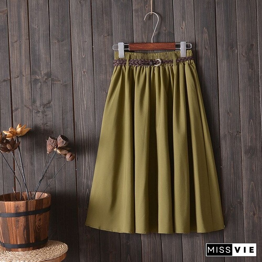 Midi Knee Length Summer Skirt Women With Belt Ladies High Waist Pleated A-Line School Skirt Female