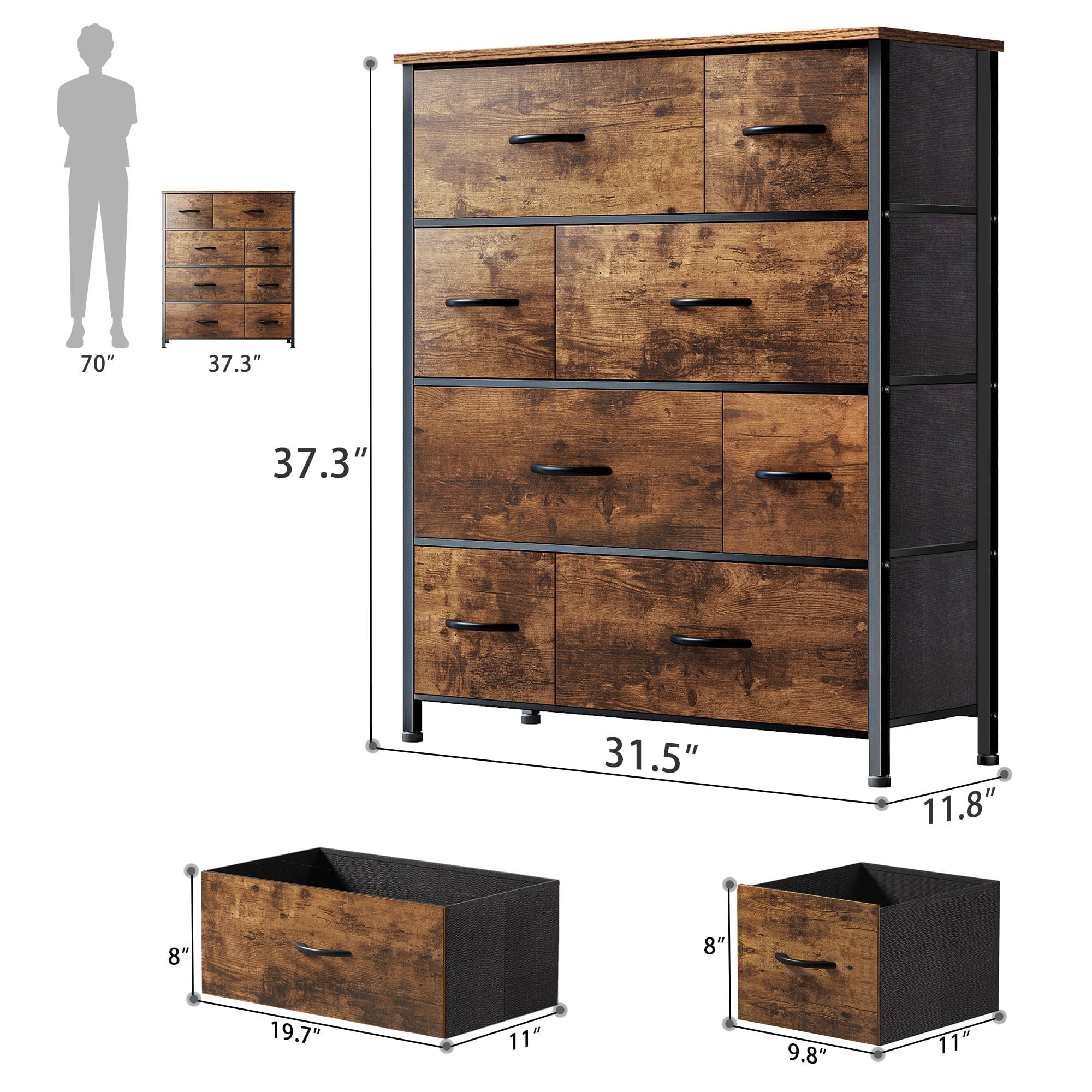 EnHomee 8 Drawer Dresser for Bedroom Fabric Dresser with Wooden Top Tall Dressers & Chest of Drawers TV Stand Storage Dresser for Livingroom Closet Entryway, Rustic Brown, 1 Piece