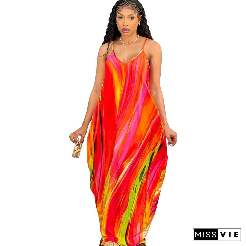 Tie Dye Print Loose Pockets Floor Length Dresses