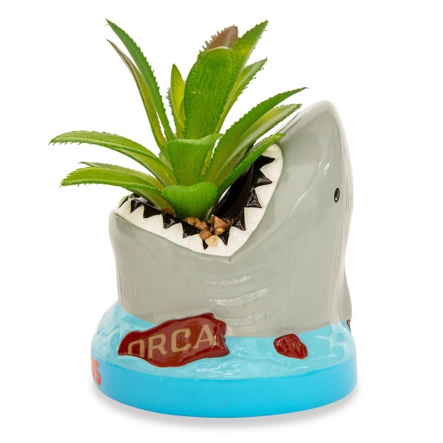 Silver Buffalo Jaws Shark 4 inch Ceramic Mini Planter With Artificial Succulent