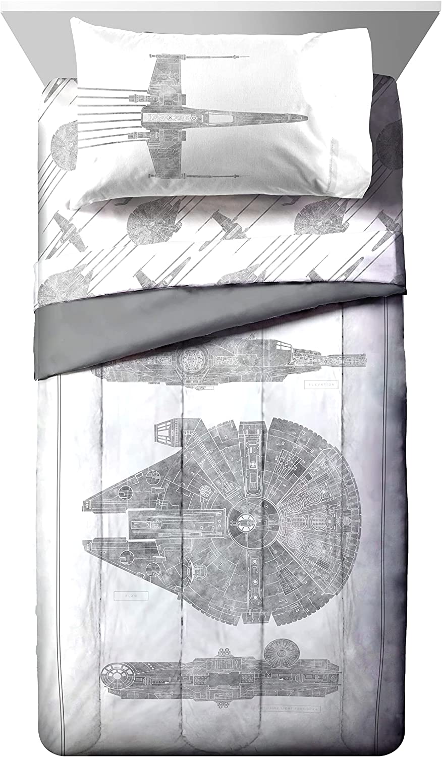 Star Wars Falcon Schematics 7 Piece Full Size Bed Set, 100% Microfiber, Kids Bedding