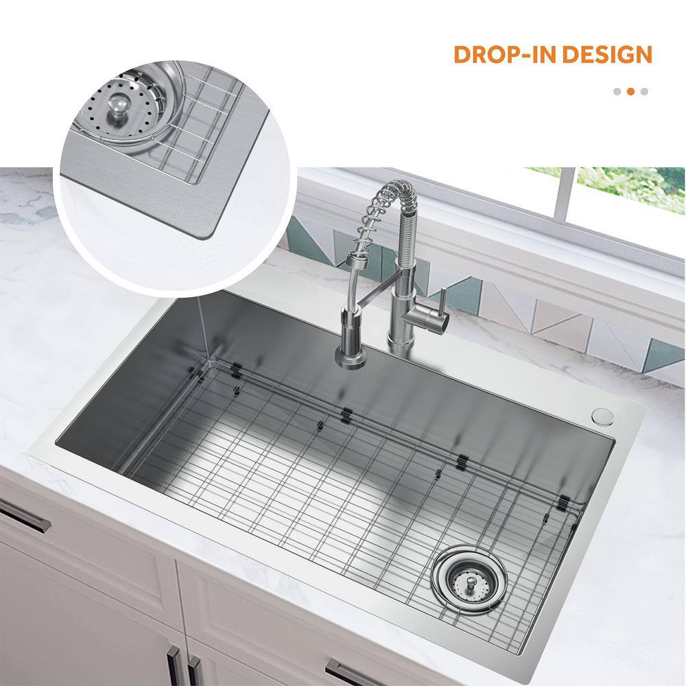 Glacier Bay Professional 36 in. All in One Drop-In 16G Stainless Steel 2-Hole Single Bowl Kitchen Sink with Spring Neck Faucet FSDZ3622A1SA1