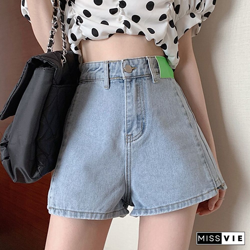 Summer Korean Fashion Denim Shorts Women Loose Casual Wide Leg Shorts Solid Blue Patchwork Jeans Shorts New