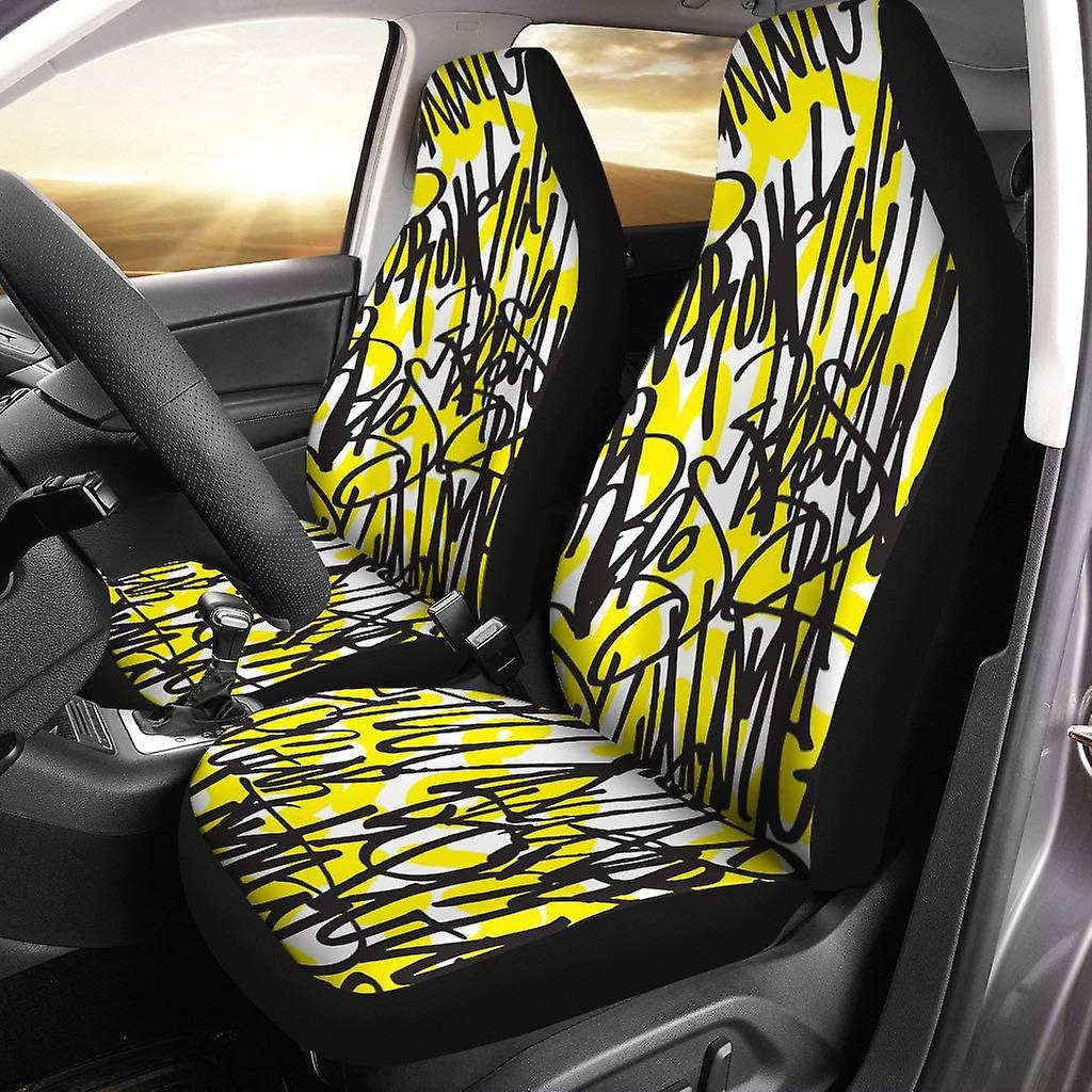 Set Of 2 Car Seat Covers Yellow Black Graffiti Universal Auto Front Seats Protector Fits For Car，suv Sedan，truck