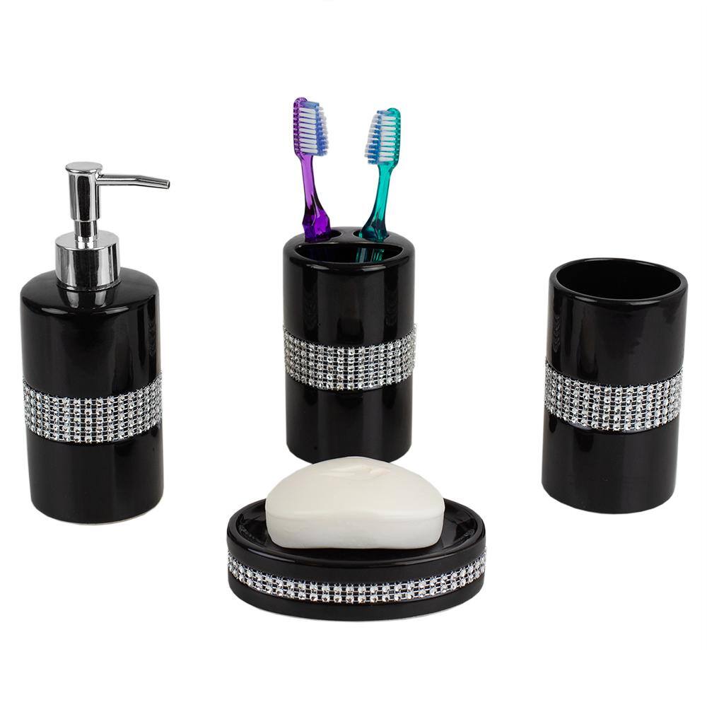 Home Basics 4-Piece Luxury Bath Accessory Set with Stunning Sequin Accents in Black HDC62866