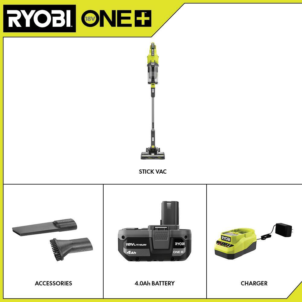 RYOBI ONE+ 18V Cordless Stick Vacuum Cleaner Kit with 4.0 Ah Battery and Charger PCL720K