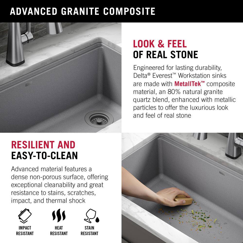 Delta Everest Dark Grey Granite Composite 30 in. Single Bowl Undermount Workstation Kitchen Sink with Accessories 75B933-30S-DG