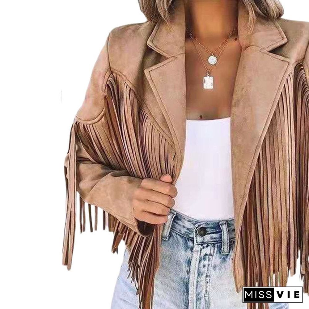 Back To School Outfit  Fashion Women Tassel Jacket Faux Suede Long Sleeve Fringe Jacket Ladies Vintage Cropped Motor Biker Cardigan Streetwear Outwears