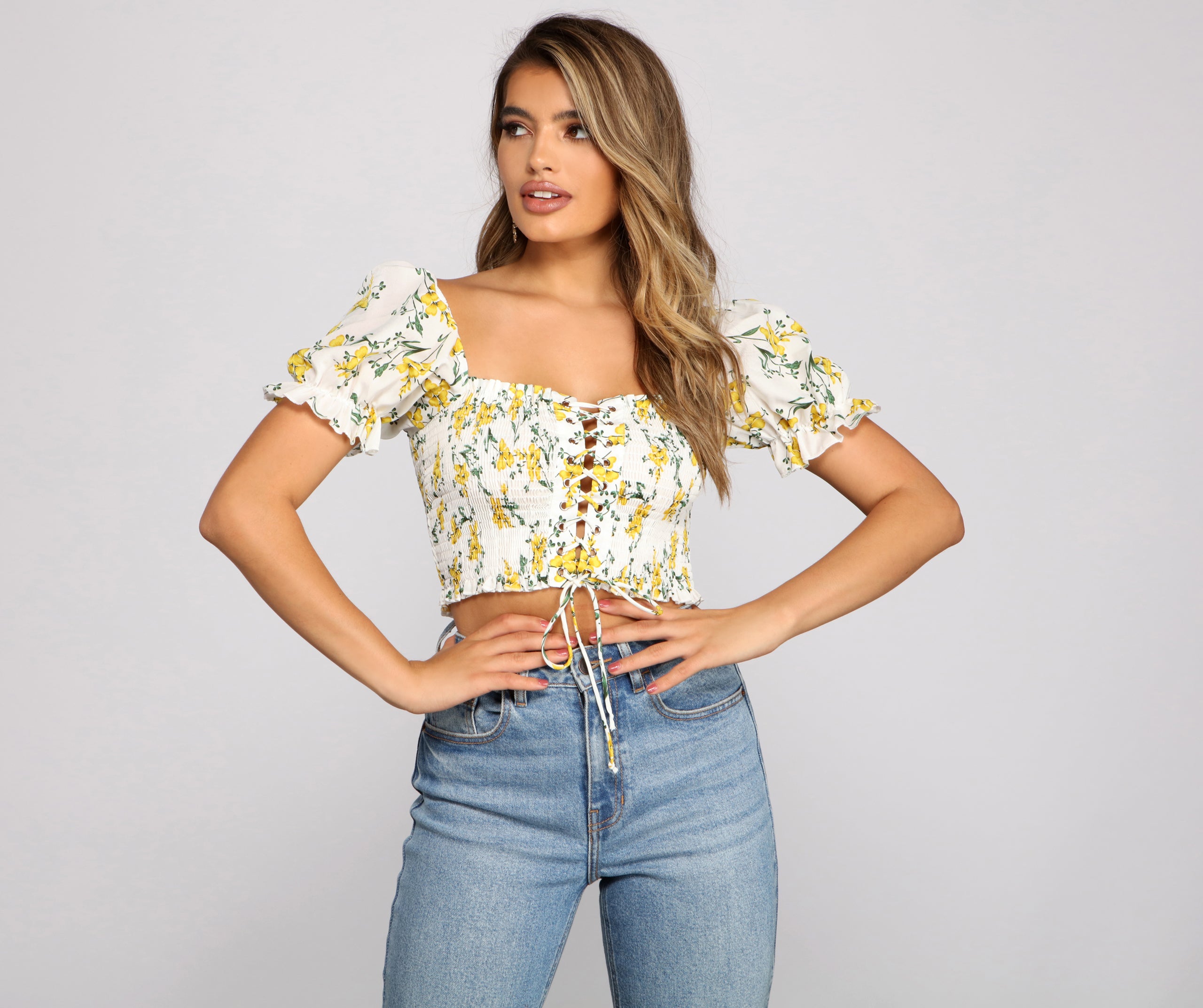 Flirty Floral Lace-Up Crop Top