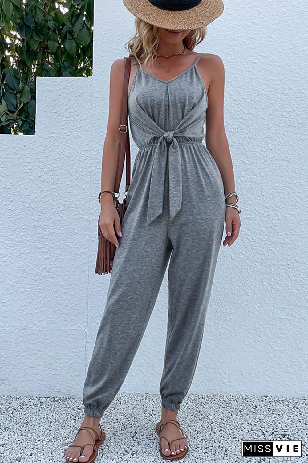 Solid Color Tie Front One Piece Jumpsuit Wholesale