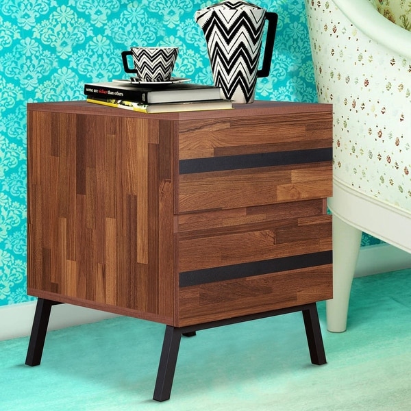 Two Drawers Wooden End Table with Angled Leg Support， Brown and Black - 23 H x 20 W x 18 L Inches