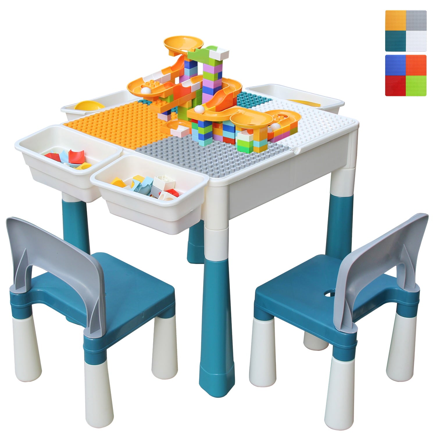 KORIMEFA Multi Kids Activity Table Chairs Set with 120pcs Building Blocks, Activity Play Table Set Compatible Blocks Toys for Boy Girl Toddler