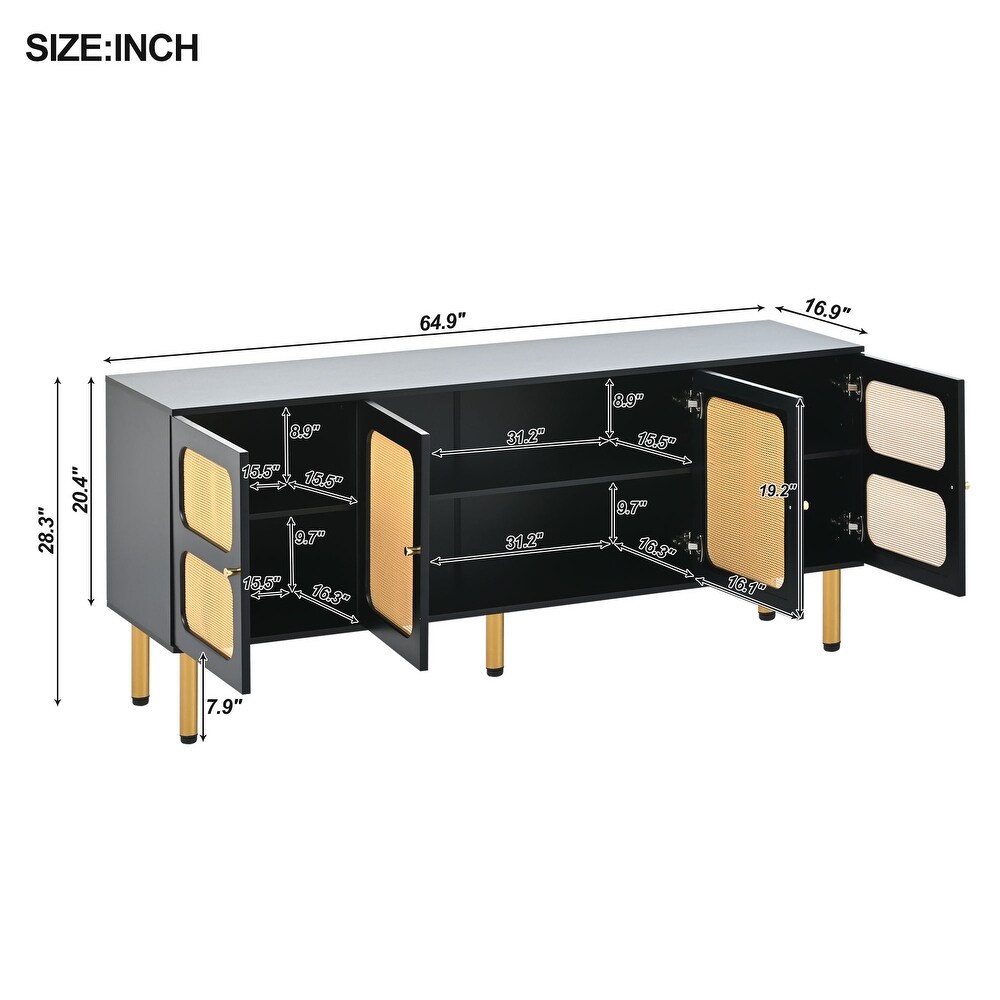 Boho Style TV Stand with Rattan Door  Media Console Table for TVs Up to 70\