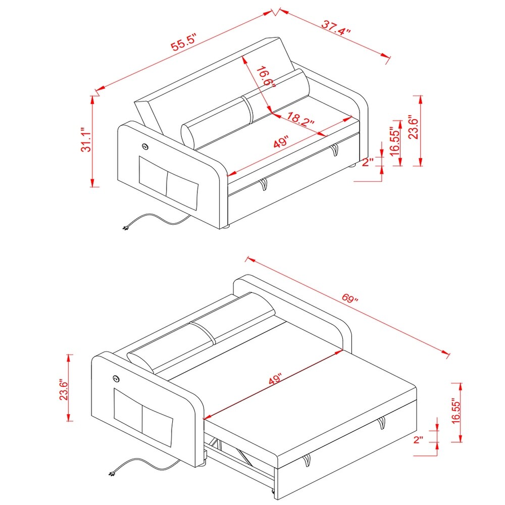 Multifunctional Loveseat Bed with Hidden Pull out Sofa Bed and USB Ports  Folding Sleeper Sofa with Side Pocket for Livingroom