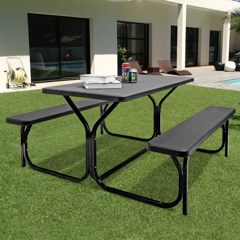 WELLFOR 3-Pieces Rectangular Metal Picnic Table Set OP-HWY-3499BK