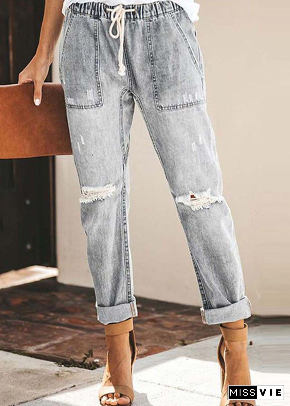 Casual Blue Elastic Waist Ripped Denim Harem Pants Summer