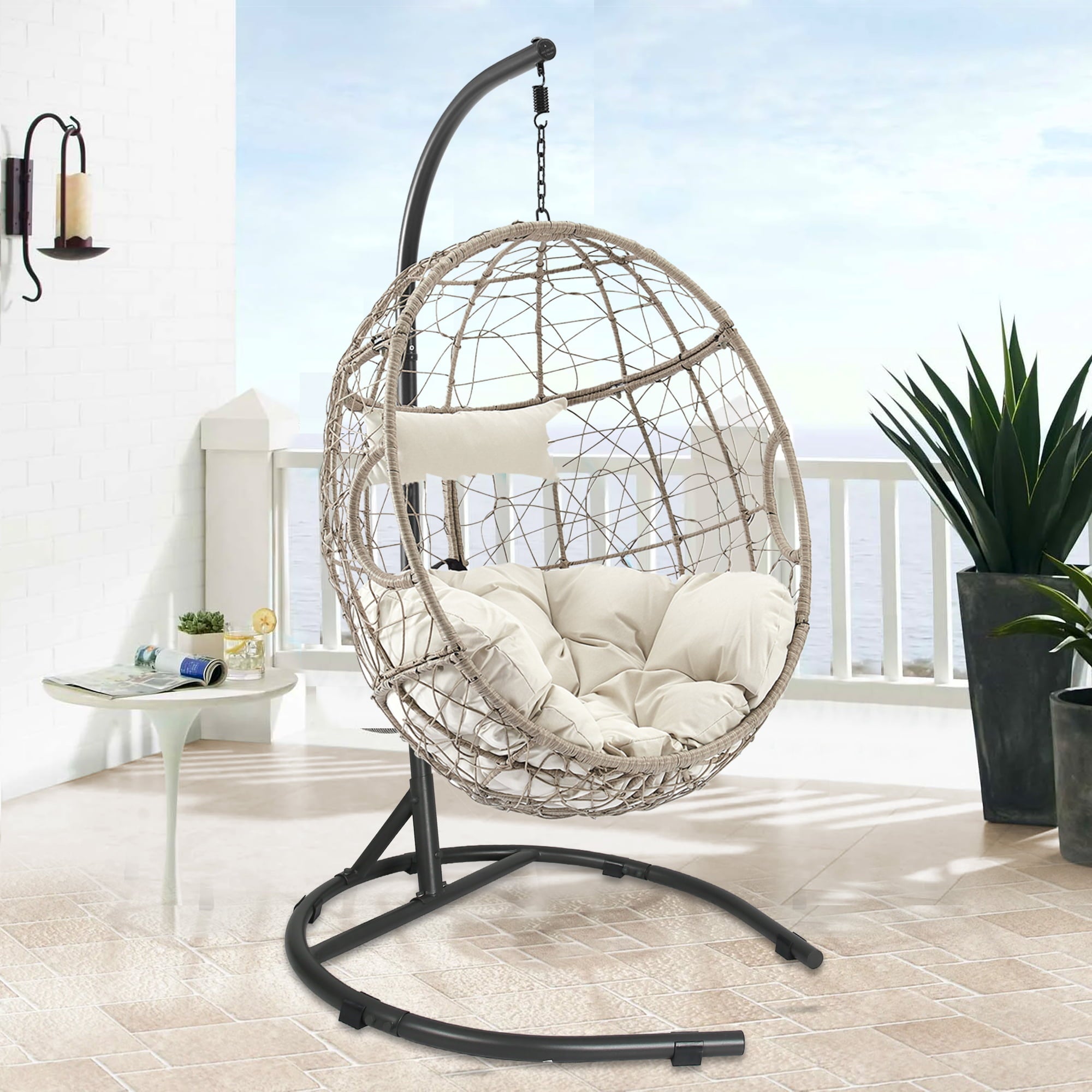 Ulax Furniture Outdoor Patio Wicker Hanging Basket Swing Chair Tear Drop Egg Chair with Cushion and Stand (Beige)