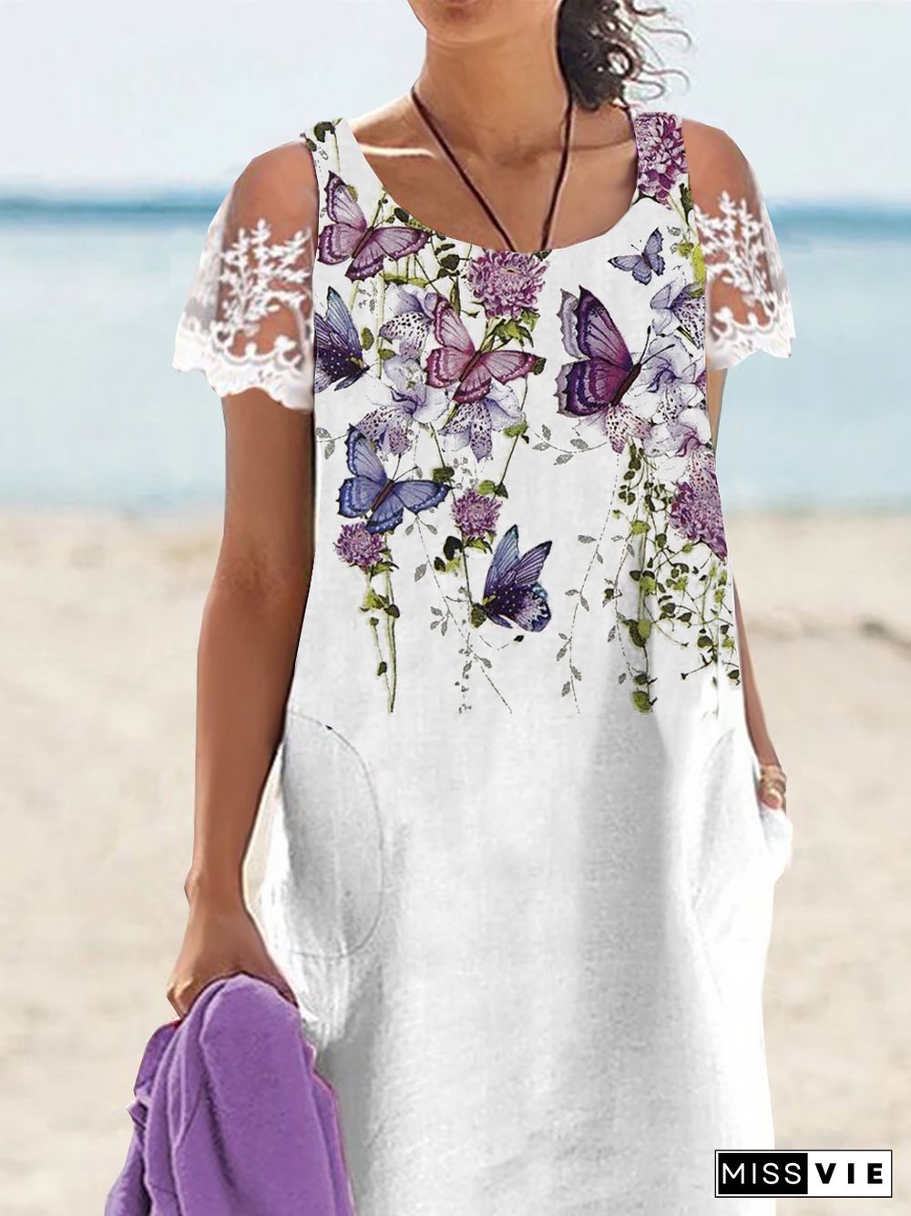 Vacation Floral Loosen Crew Neck Midi Dresses