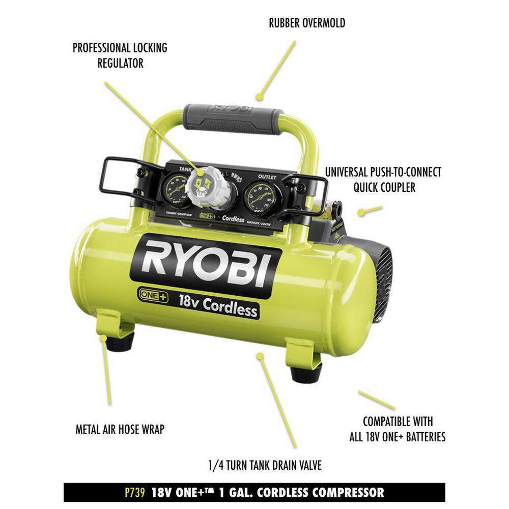 RYOBI ONE+ 1 Gal. 120 PSI Portable 18V Horizontal Air Compressor ( 0.5 CFM at 90 PSI ) P739