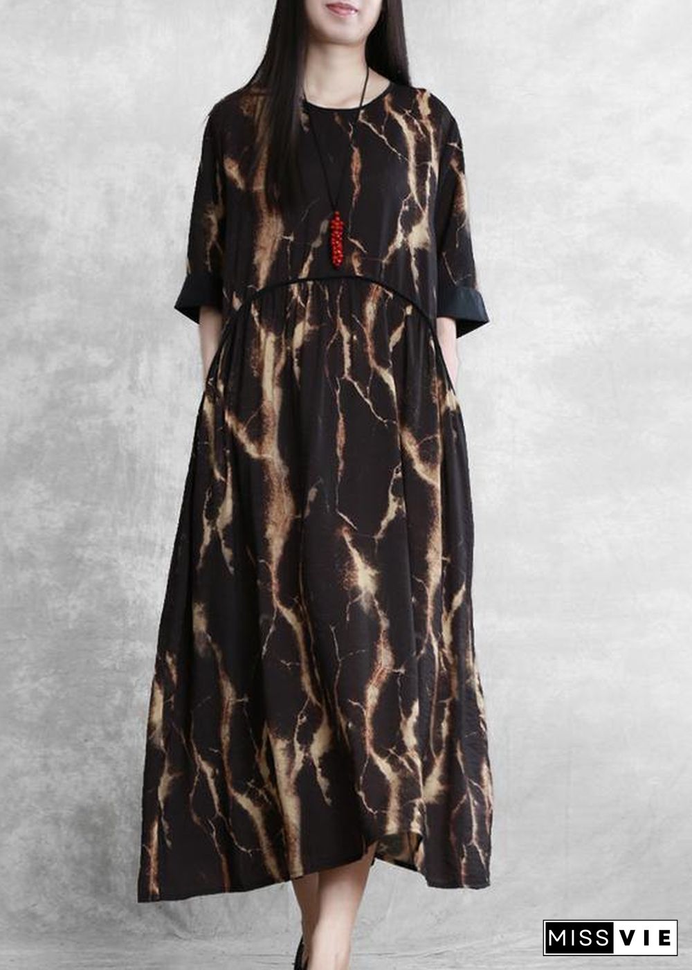 DIY black print clothes For Women o neck pockets robes summer Dress