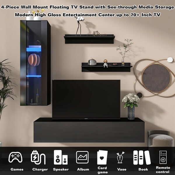 4-Piece Wall Mount Floating TV Stand with Media Cabinet RGB Lights