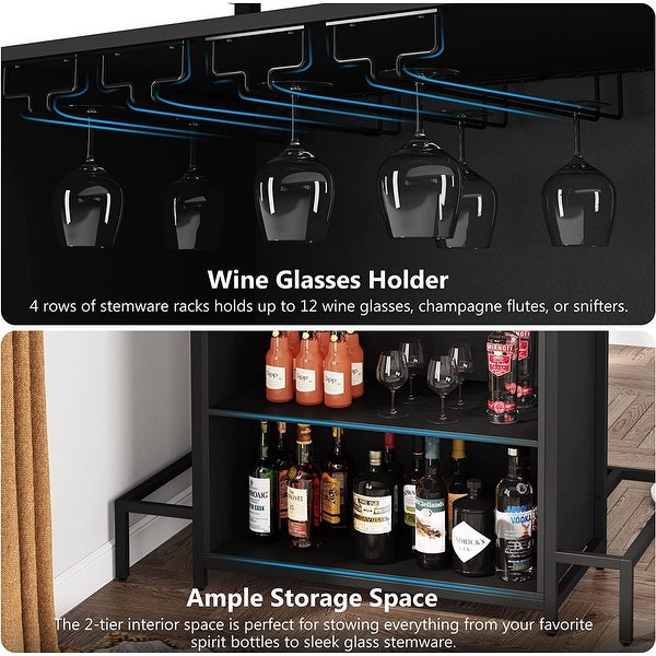 3-Tier Liquor Bar Table with Glasses Holder， Wine Storage， Footrest