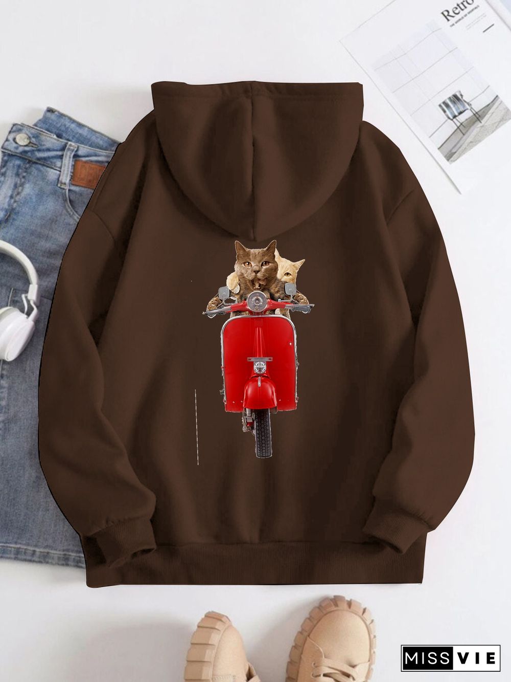 Printed on the Back Kangaroo Pocket Hoodie Long Sleeve for Women Pattern  Cat Riding a Motorcycle