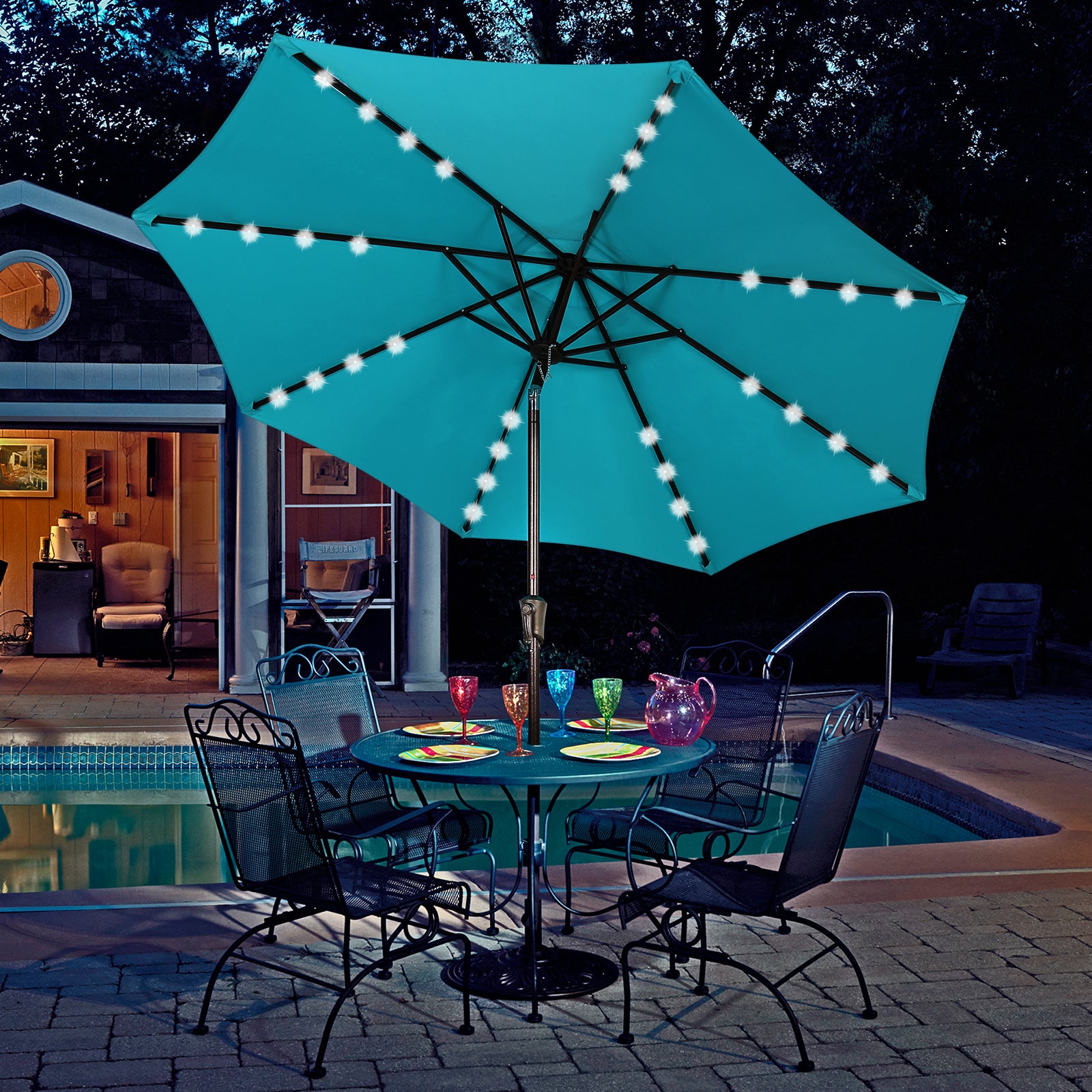 COBANA 9’ Solar Patio Umbrella with 32 LED Lights, Outdoor Table Market Umbrella with Tilt and Crank, Blue