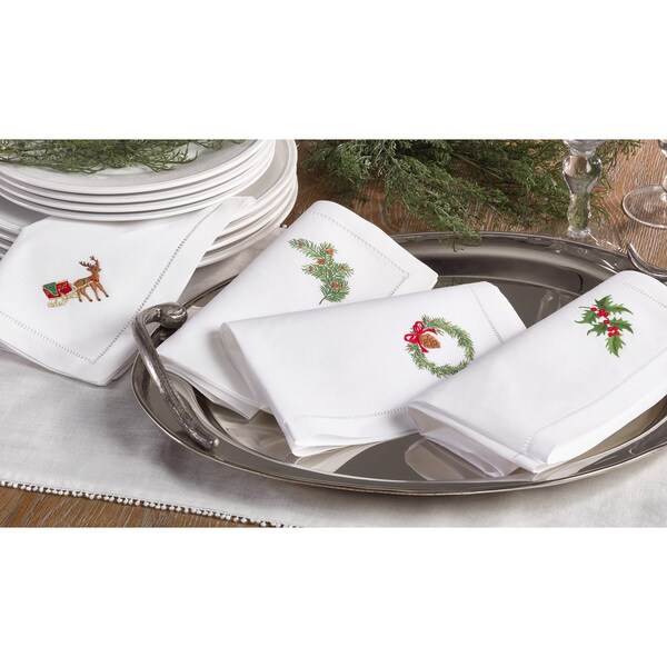 Winter Pine Embroidered and Hemstitched Cotton Napkin (Set of 6)