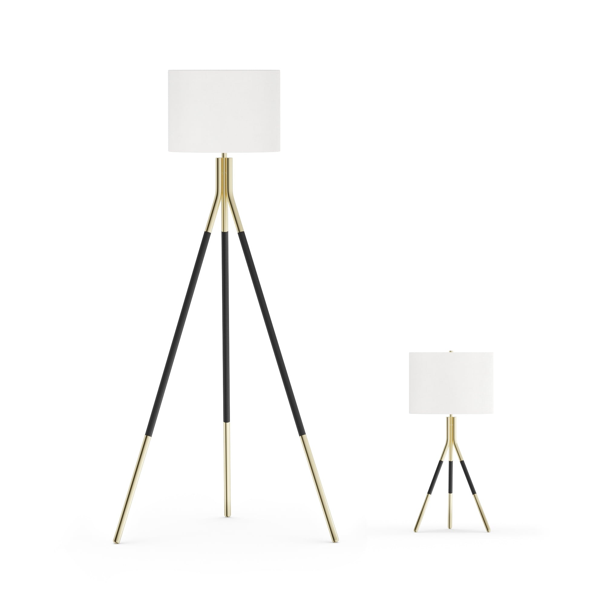 MoDRN Tripod Floor Lamp and Table Lamp Set, Black and Gold