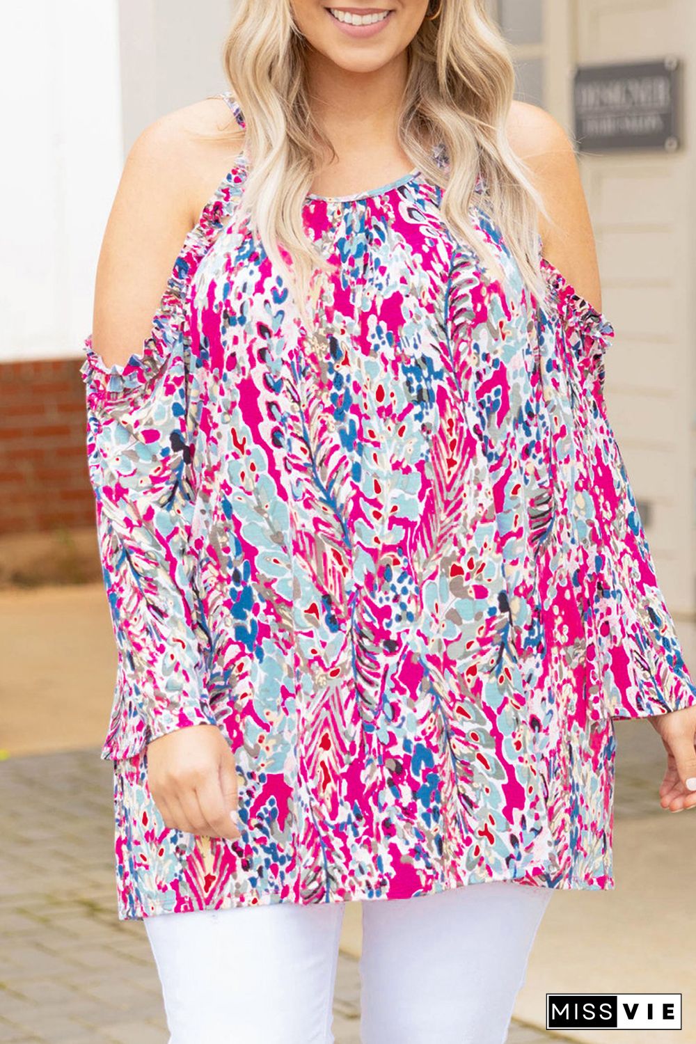 Floral Print Cold Shoulder Plus Size Top