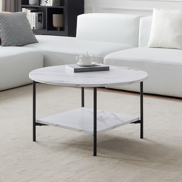 Modern Round Coffee Table with Storage Metal Frame with Marble Color Top-31.5