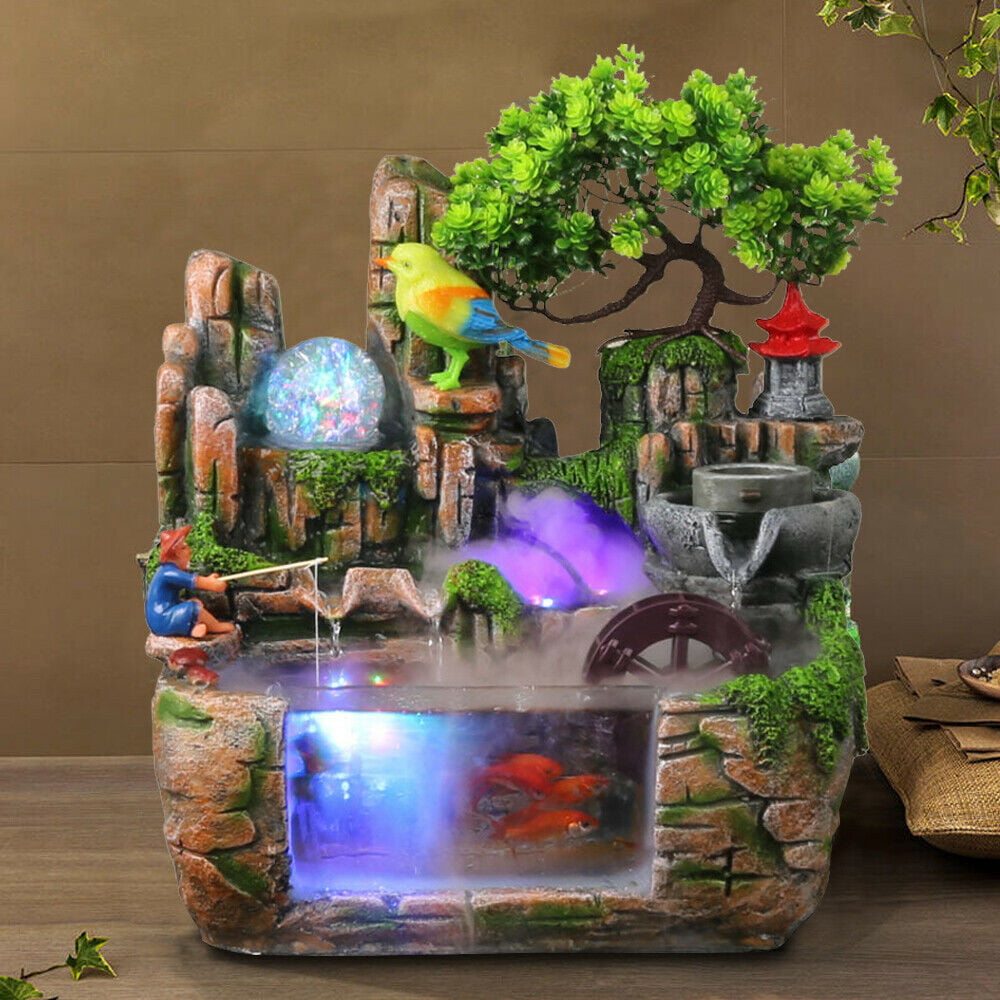 LED Rockery Fountain Waterfall Fengshui Desktop Water Sound Indoor Decor 110V US