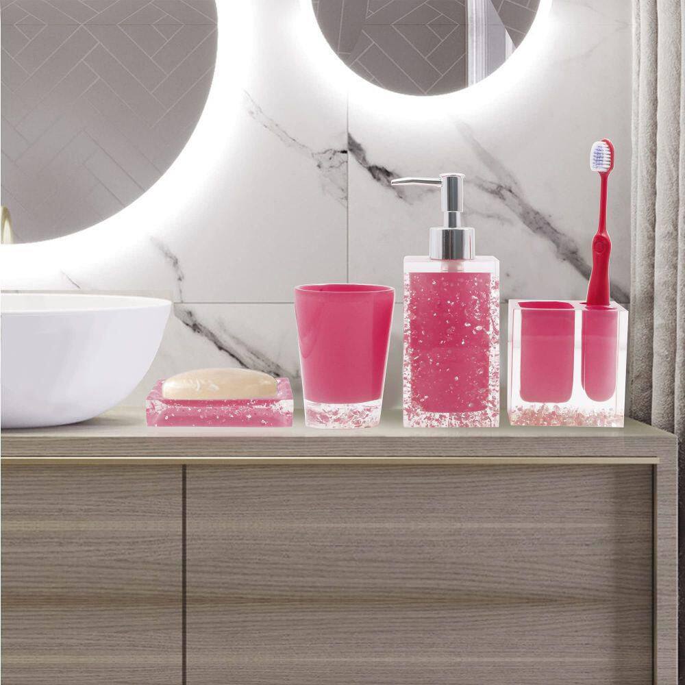 Dracelo 5-Piece Bathroom Accessory Set with Soap Dish Soap Dispenser Toothbrush Holder Tumbler in Pink B018W1EDVK