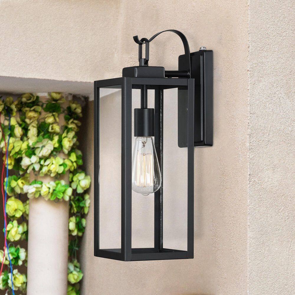 Pia Ricco 1-Light Matte Black Dusk to Dawn Sensor Hardwired Outdoor Lantern Wall Sconce Exterior Wall Fixture 1JAY-12151M-PC