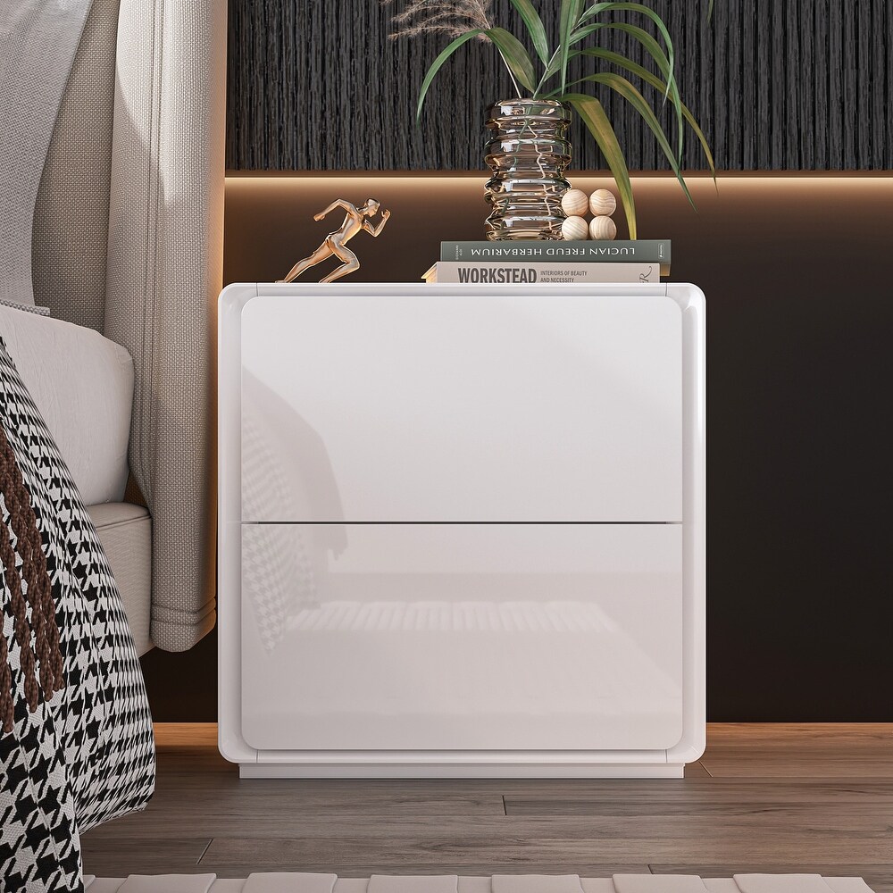 White Modern LED Nightstand High Gloss Bedside Tables with 2 Drawers