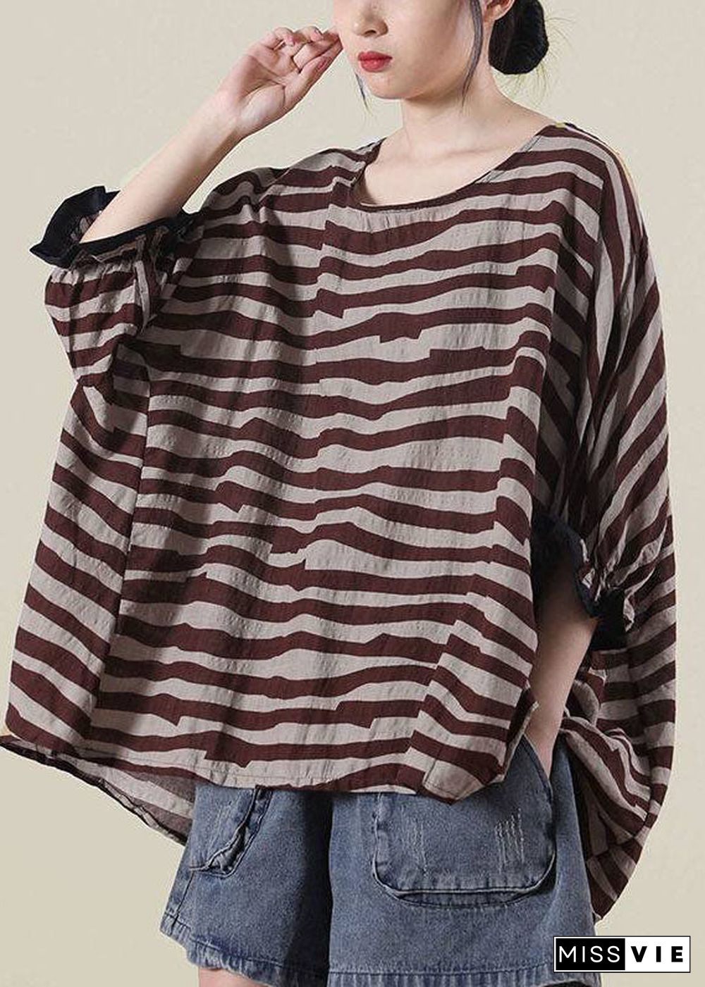 Boho Black Loose O-Neck Ruffled Fall Striped Shirt Top Half Sleeve