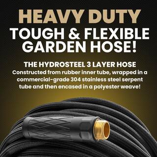 HydroSteel Pro 50 ft. Heavy-Duty Flexible Lightweight 304 Stainless Steel Metal Water Hose with Brass Nozzle 8586