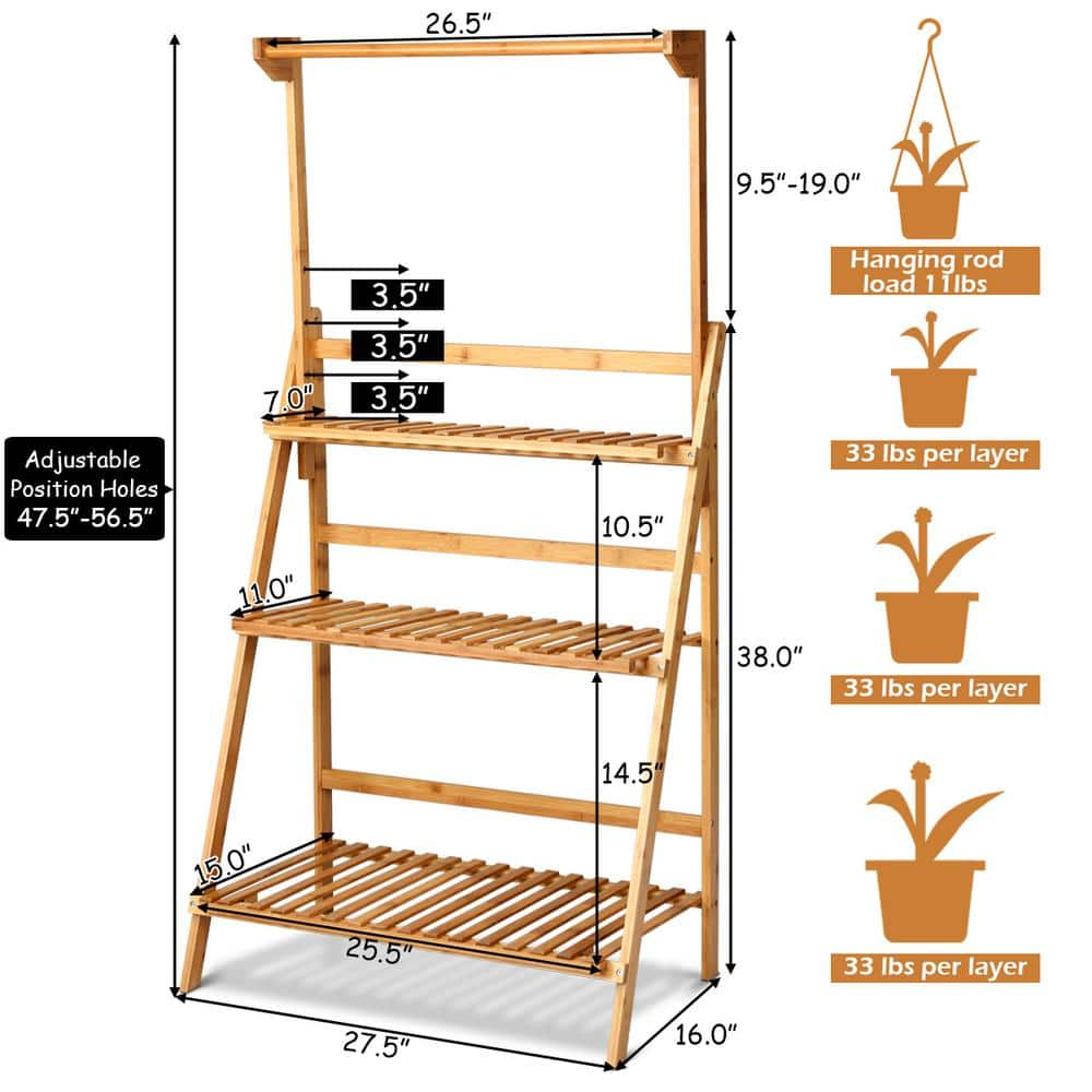 HONEY JOY 27.5 in. x 16 in. x 47.5 in. Hanging Folding Indoor/Outdoor Natural Wood Bamboo Plant Shelf Stand (3-Tier) TOPB000476