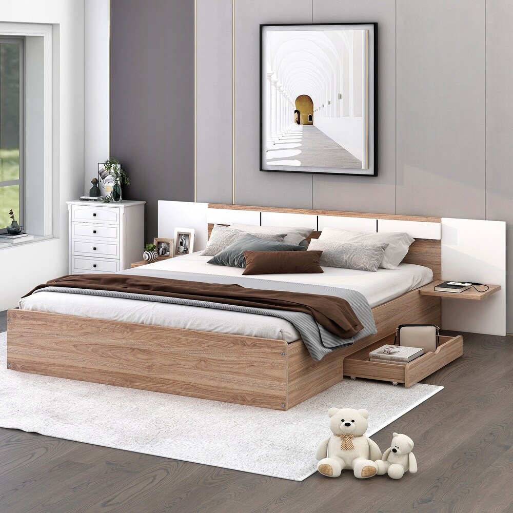 Queen Platform Bed with 2 Drawers  USB Ports   Sockets  Wooden Bed Frame with Extended Headboard   Storage Shelves for Bedroom