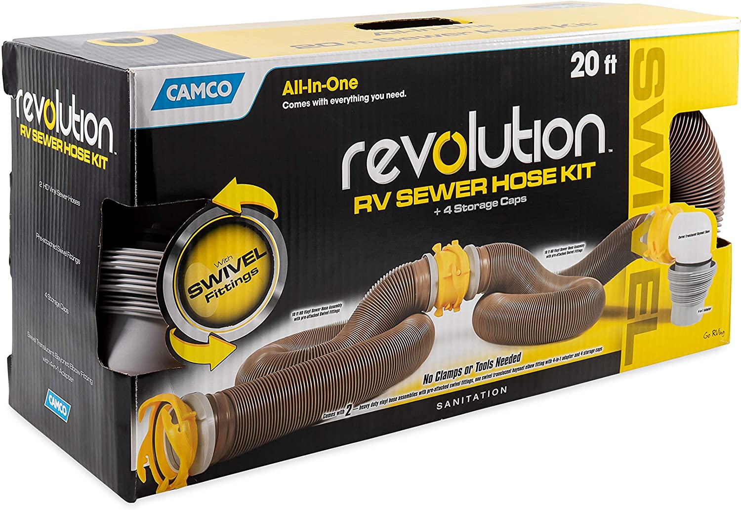 Camco 39625 Revolution 20' Sewer Hose Kit with 360 Degree Swivel Fittings and 4-in1 Elbow Adapter， Brown