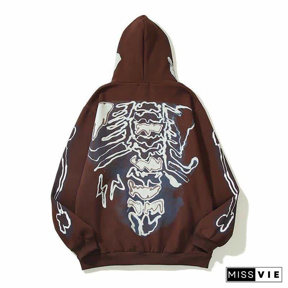 Skeleton Print Zipper Loose Hooded Sweatshirt